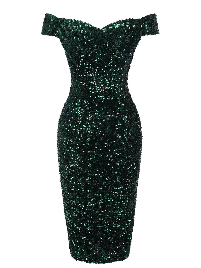 Abito a tubino spalle scoperte paillettes verde scuro anni '60