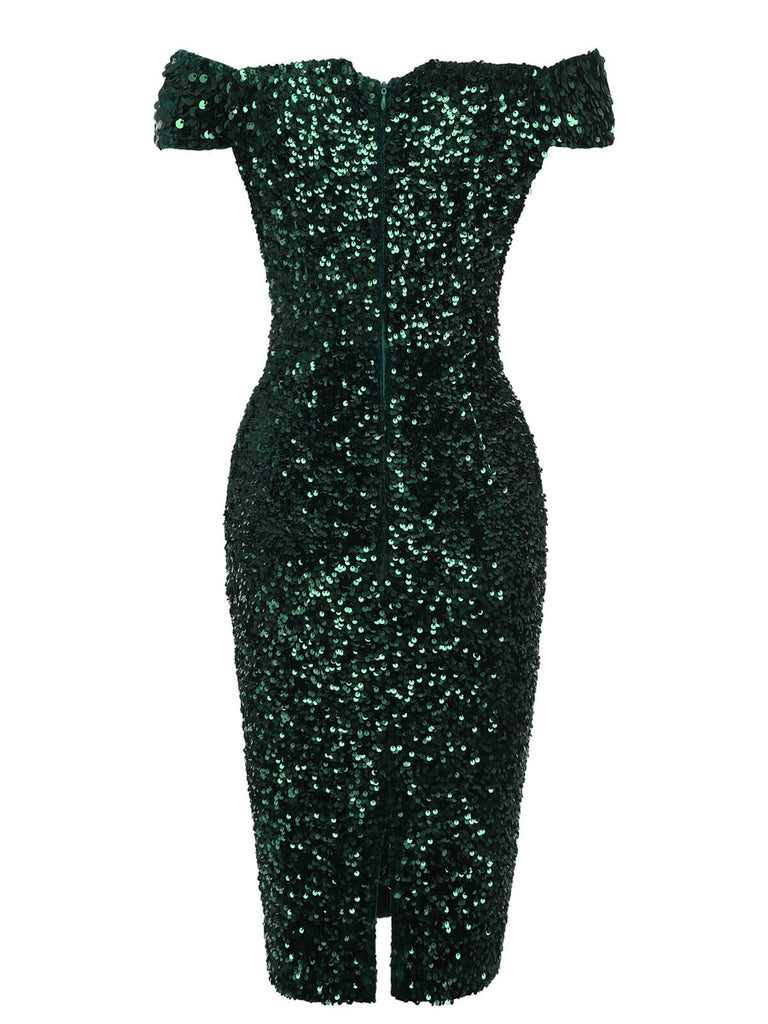 Abito a tubino spalle scoperte paillettes verde scuro anni '60