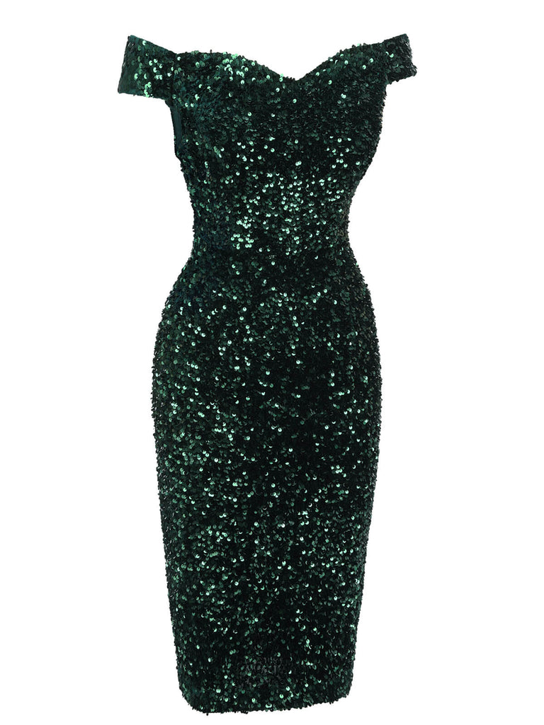 Abito a tubino spalle scoperte paillettes verde scuro anni '60