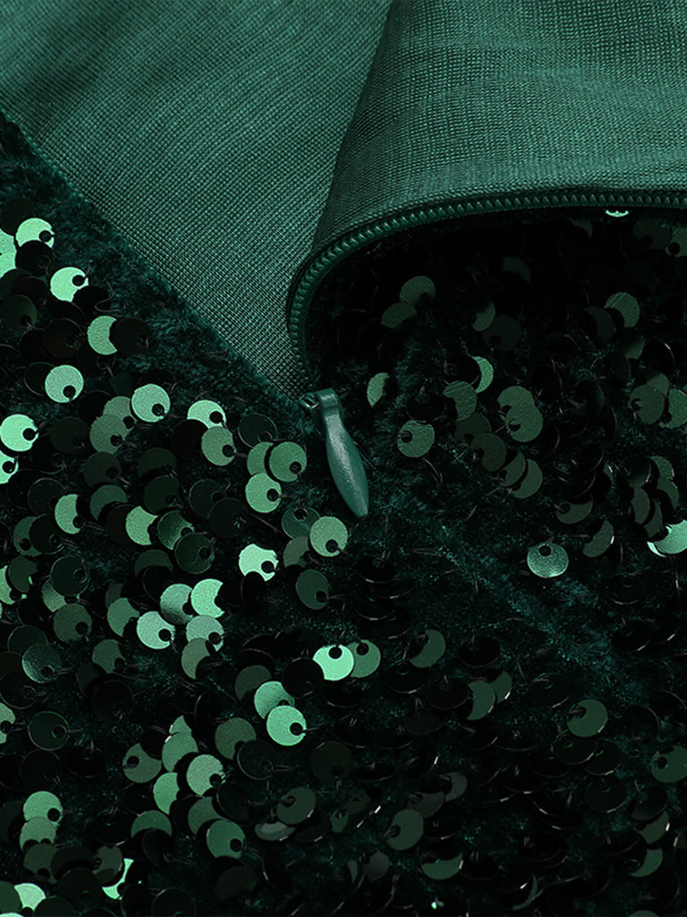 Abito a tubino spalle scoperte paillettes verde scuro anni '60