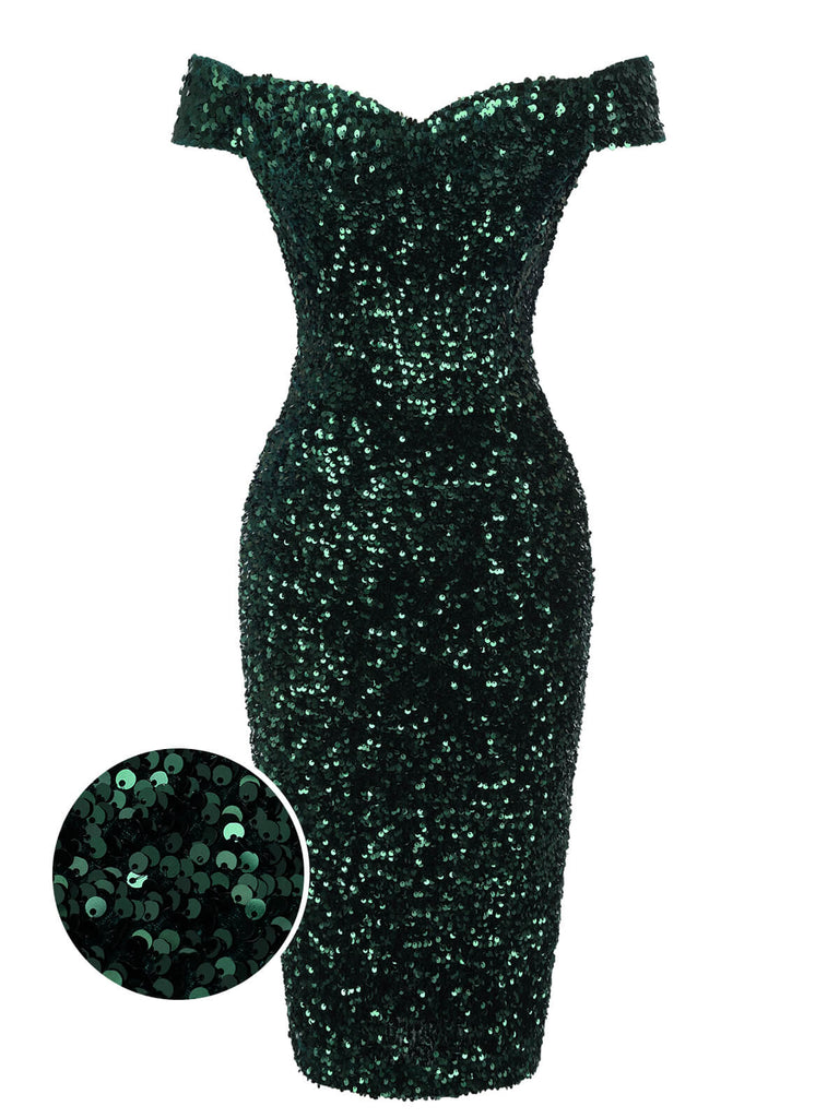 Abito a tubino spalle scoperte paillettes verde scuro anni '60