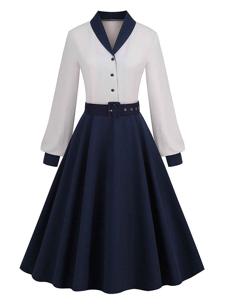 Abito patchwork con cintura blu e bianco anni '50