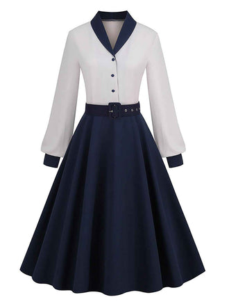 Abito patchwork con cintura blu e bianco anni '50