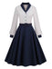 Abito patchwork con cintura blu e bianco anni '50