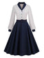Abito patchwork con cintura blu e bianco anni '50