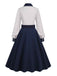 Abito patchwork con cintura blu e bianco anni '50