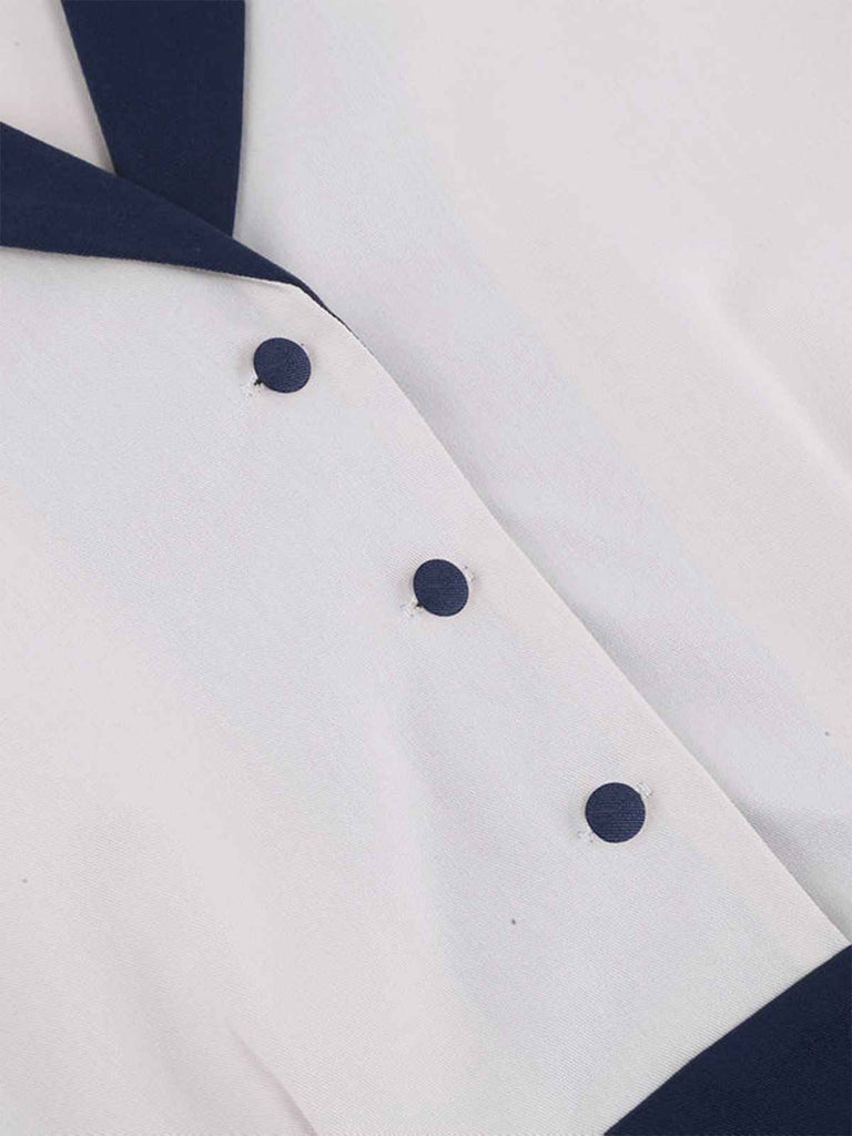 Abito patchwork con cintura blu e bianco anni '50