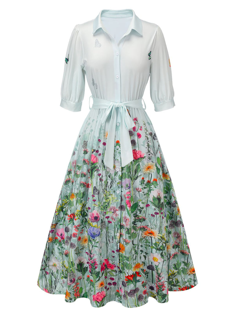 Abito floreale cintura al collo camicia azzurro chiaro anni '40