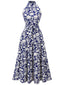 Abito floreale con colletto alto blu anni '30