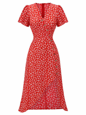 Abito rosso floreale scollo a V bottoni aggiunti anni '40