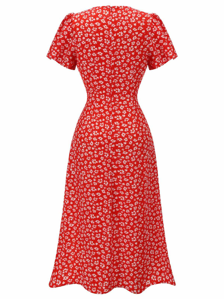 Abito rosso floreale scollo a V bottoni aggiunti anni '40
