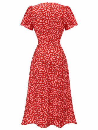 Abito rosso floreale scollo a V bottoni aggiunti anni '40