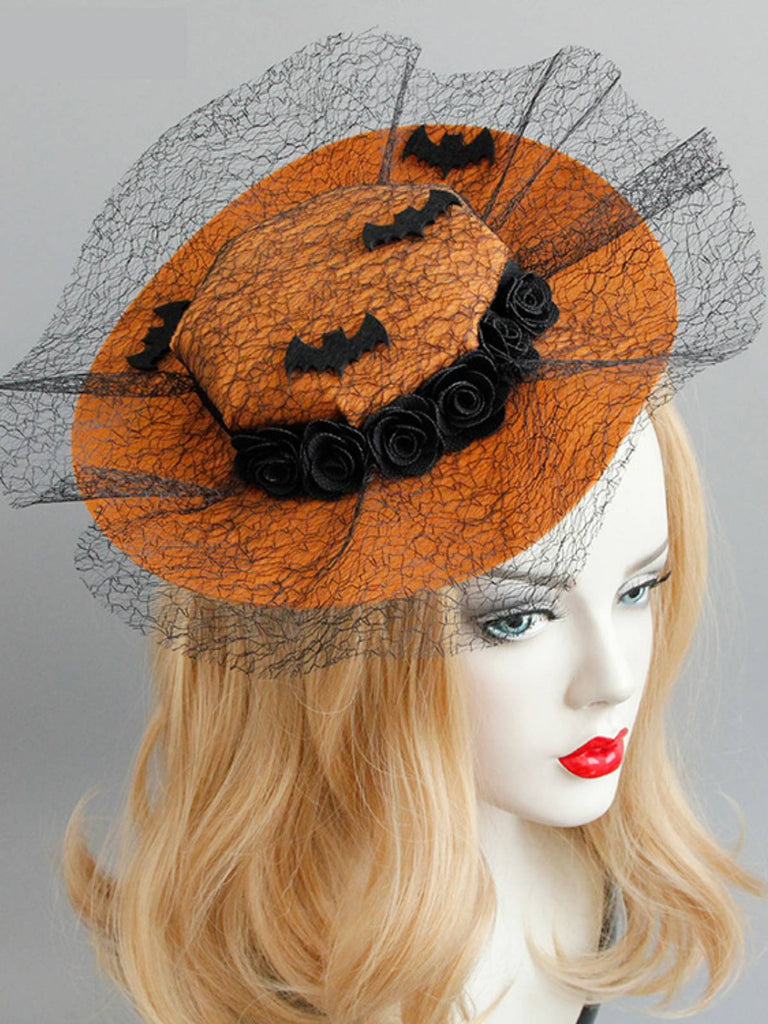 Cappello da pipistrello in pizzo retrò arancione Halloween