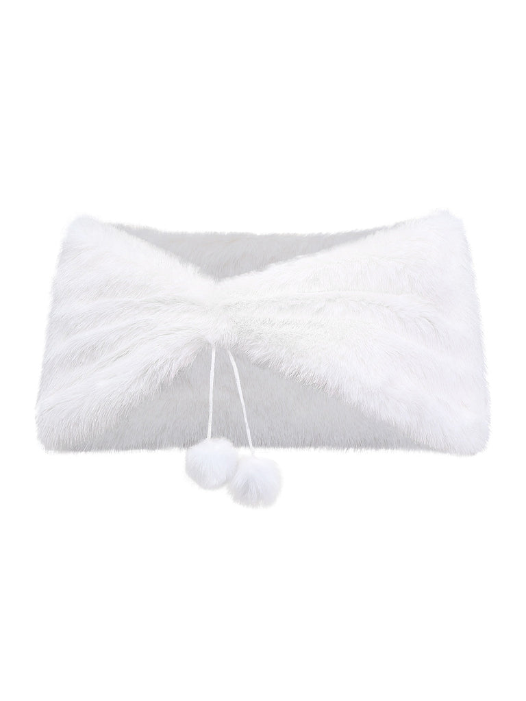 Scialle con pompon in pelliccia sintetica bianco anni '70