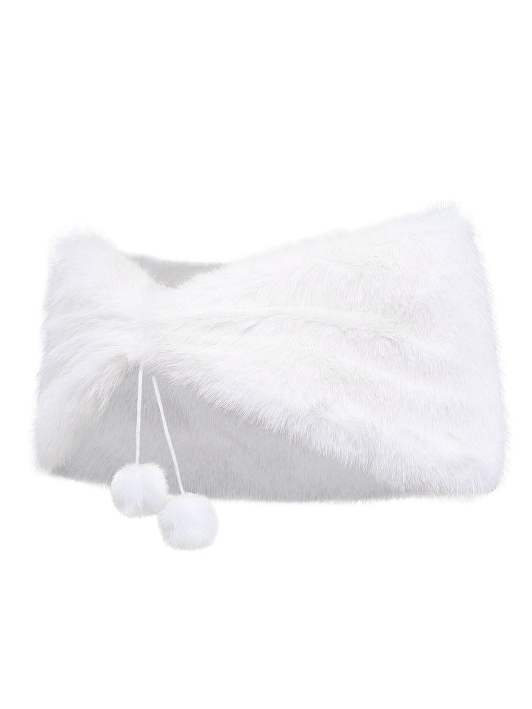 Scialle con pompon in pelliccia sintetica bianco anni '70