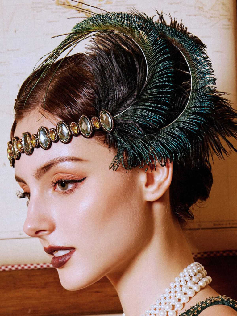 Cerchietto Gatsby con piume di pavone e strass anni '20