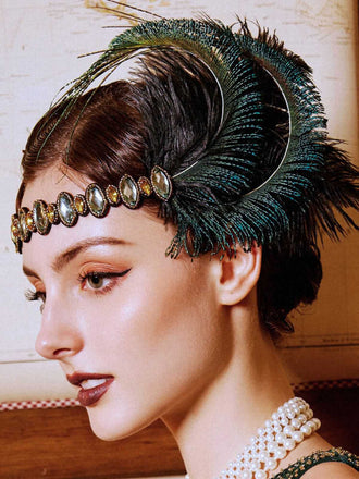 Cerchietto Gatsby con piume di pavone e strass anni '20