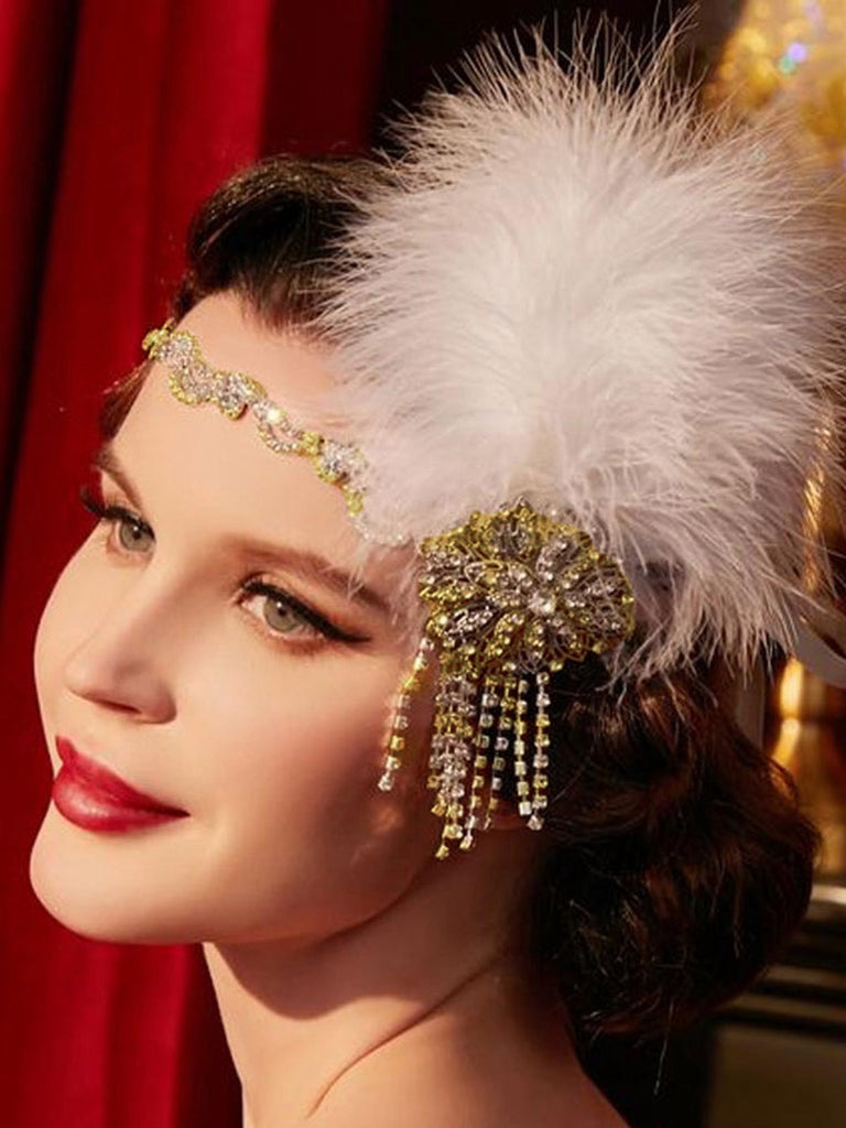 Copricapo floreale con piume e strass Gatsby anni '20