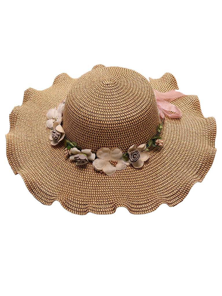 Cappello da sole in rafia floreale 3Dcon frange