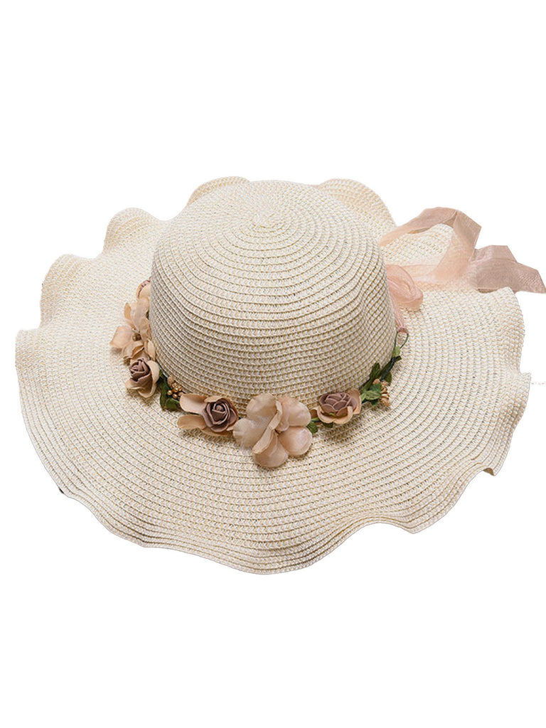 Cappello da sole in rafia floreale 3Dcon frange