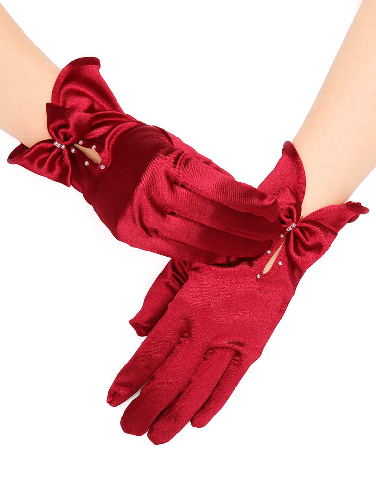 Guanti in raso con fiocco di perle rosso intenso