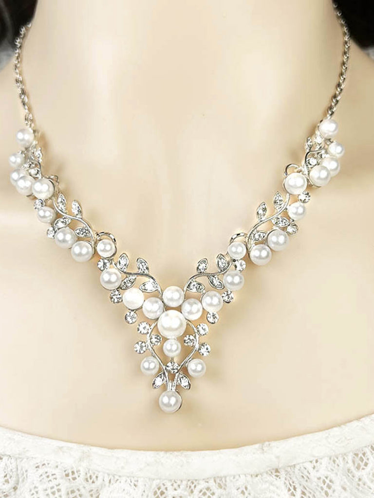Set di collana e orecchini con foglie di perle bianche e strass