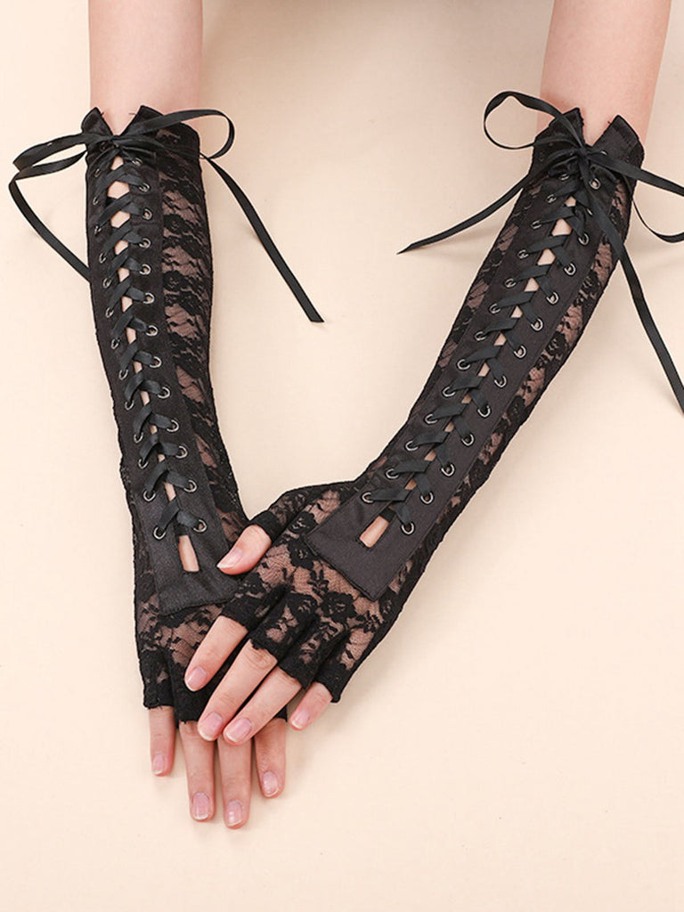 Guanti punk con lacci e mezze dita per feste Halloween