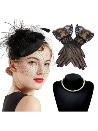 3PCS Cappello con piume nero collana e guanti in pizzo