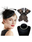 3PCS Cappello con piume nero collana e guanti in pizzo