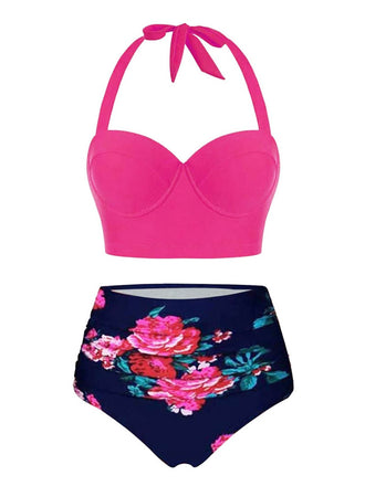 Set bikini floreale con scollo a V rosa rosso anni '50