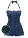 Costumi intero a quadri con fiocco blu e verde anni '50