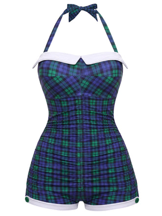 Costumi intero a quadri con fiocco blu e verde anni '50