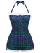 Costumi intero a quadri con fiocco blu e verde anni '50