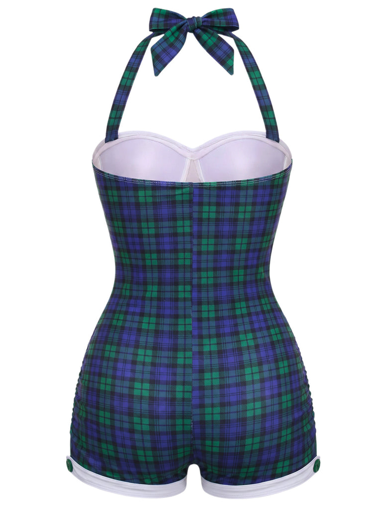 Costumi intero a quadri con fiocco blu e verde anni '50