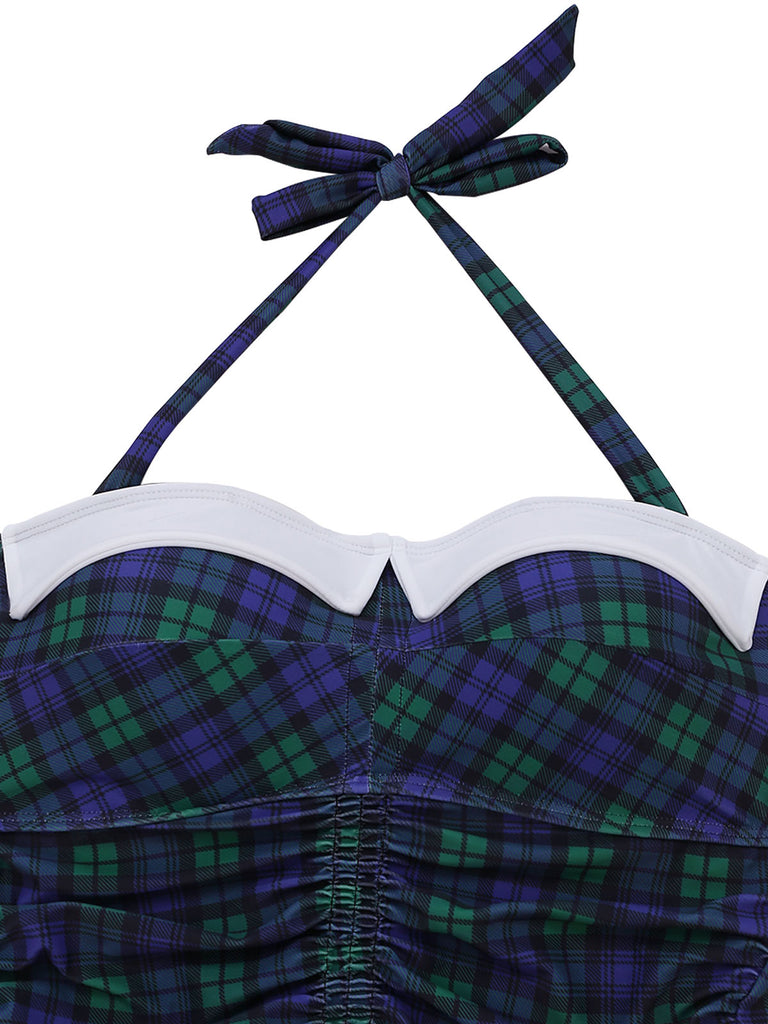 Costumi intero a quadri con fiocco blu e verde anni '50