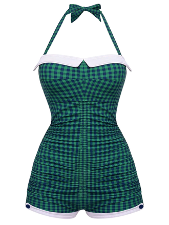 [Pre-Vendita] Quadretti con Allacciatura al Collo con Fiocco Costume Intero Verde Scuro Anni '50