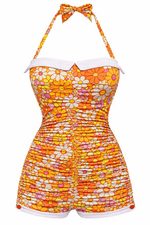 [Pre-Vendita] Costume Intero Arancione a Quadretti Halter con Fiocco Anni '50