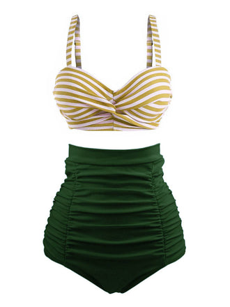 Bikini a righe spalline colorblock retrò verde anni '40
