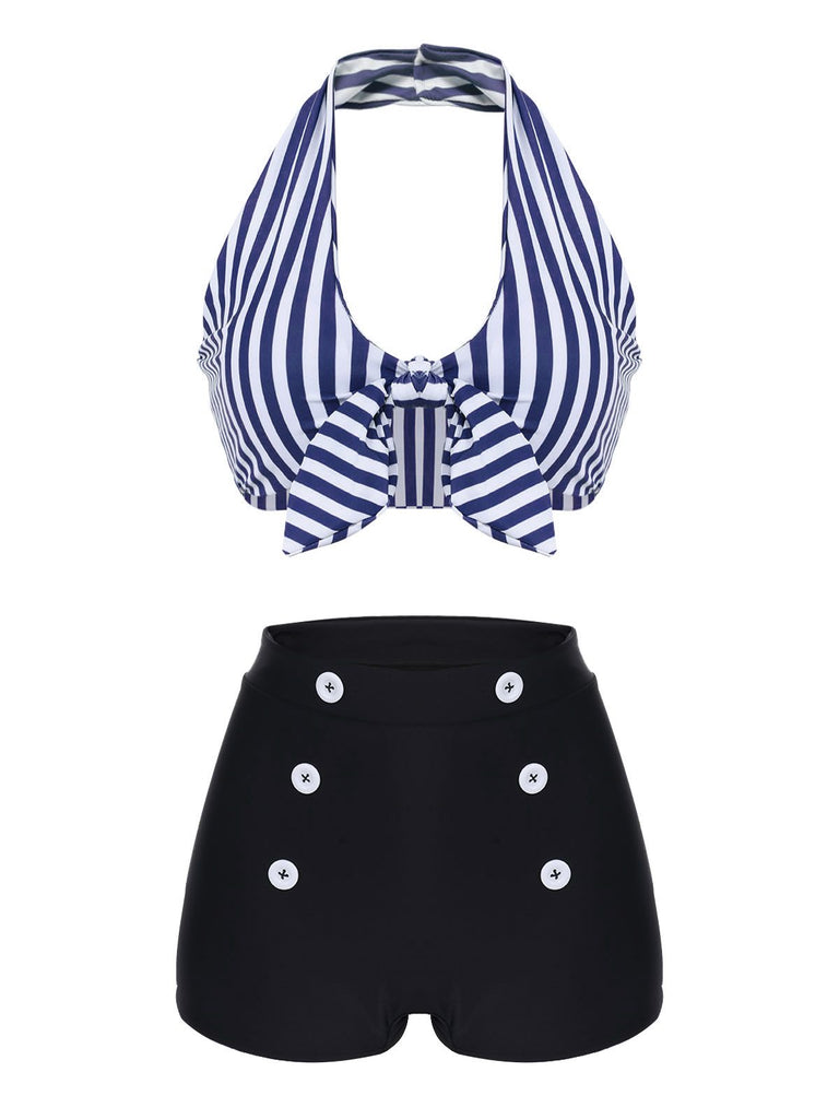 Bikini con ferretto fiocco a righe retrò blu anni '50