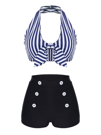 Bikini con ferretto fiocco a righe retrò blu anni '50