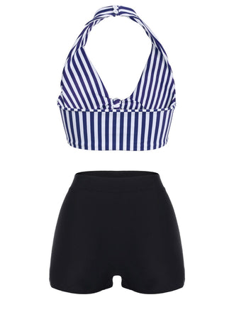 Bikini con ferretto fiocco a righe retrò blu anni '50