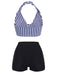 Bikini con ferretto fiocco a righe retrò blu anni '50