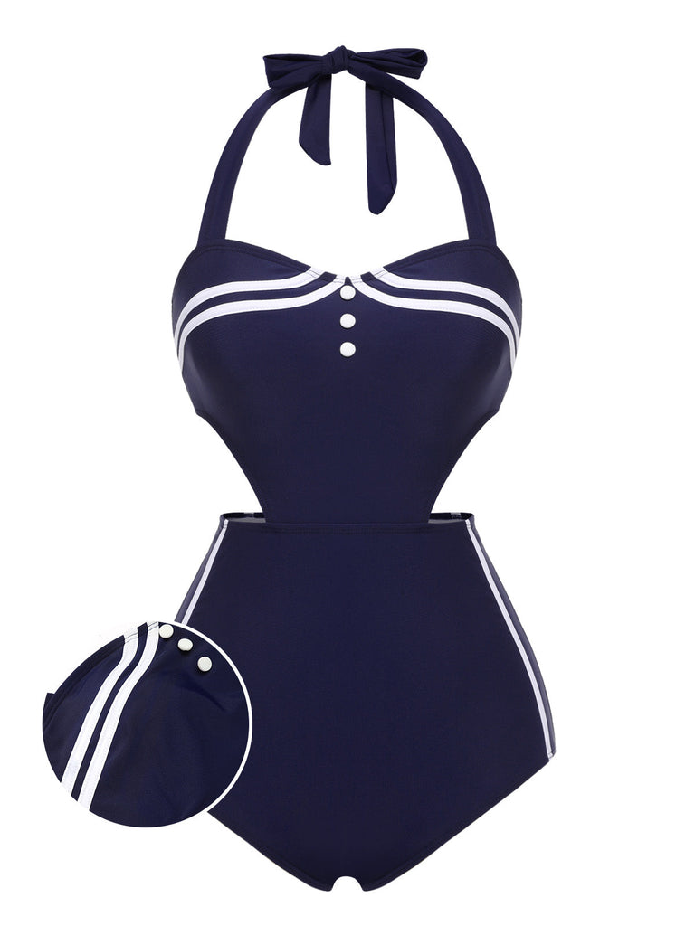 Costumi intero blu navy scollo a V e scollo a V anni '30