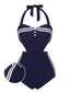 Costumi intero blu navy scollo a V e scollo a V anni '30