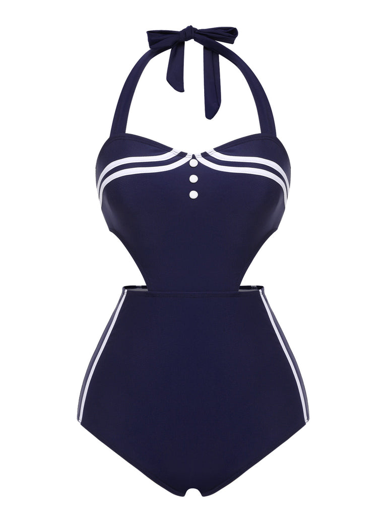 Costumi intero blu navy scollo a V e scollo a V anni '30