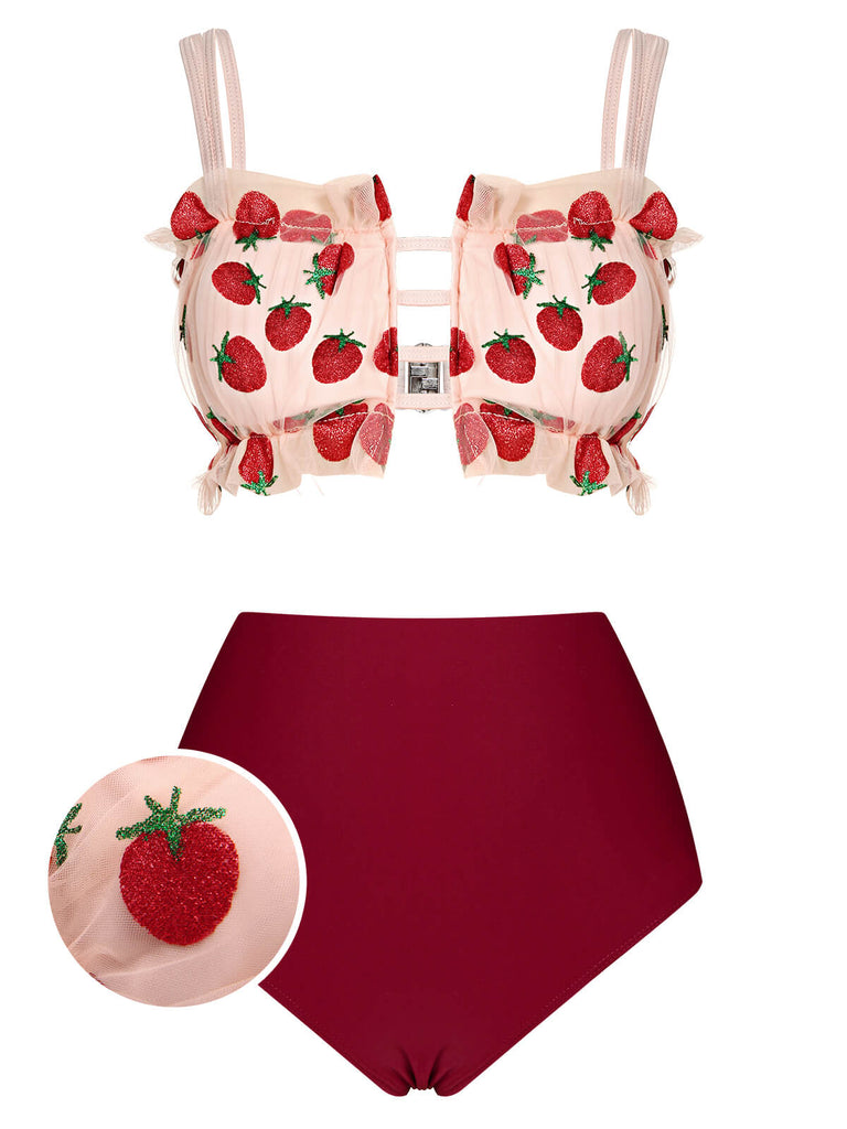 Costumi spalline in rete a forma di fragola rosso anni '40