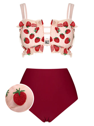 Costumi spalline in rete a forma di fragola rosso anni '40