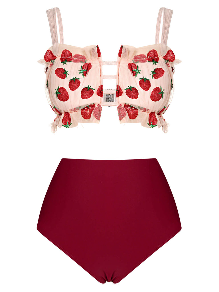 Costumi spalline in rete a forma di fragola rosso anni '40