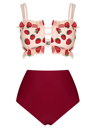 Costumi spalline in rete a forma di fragola rosso anni '40