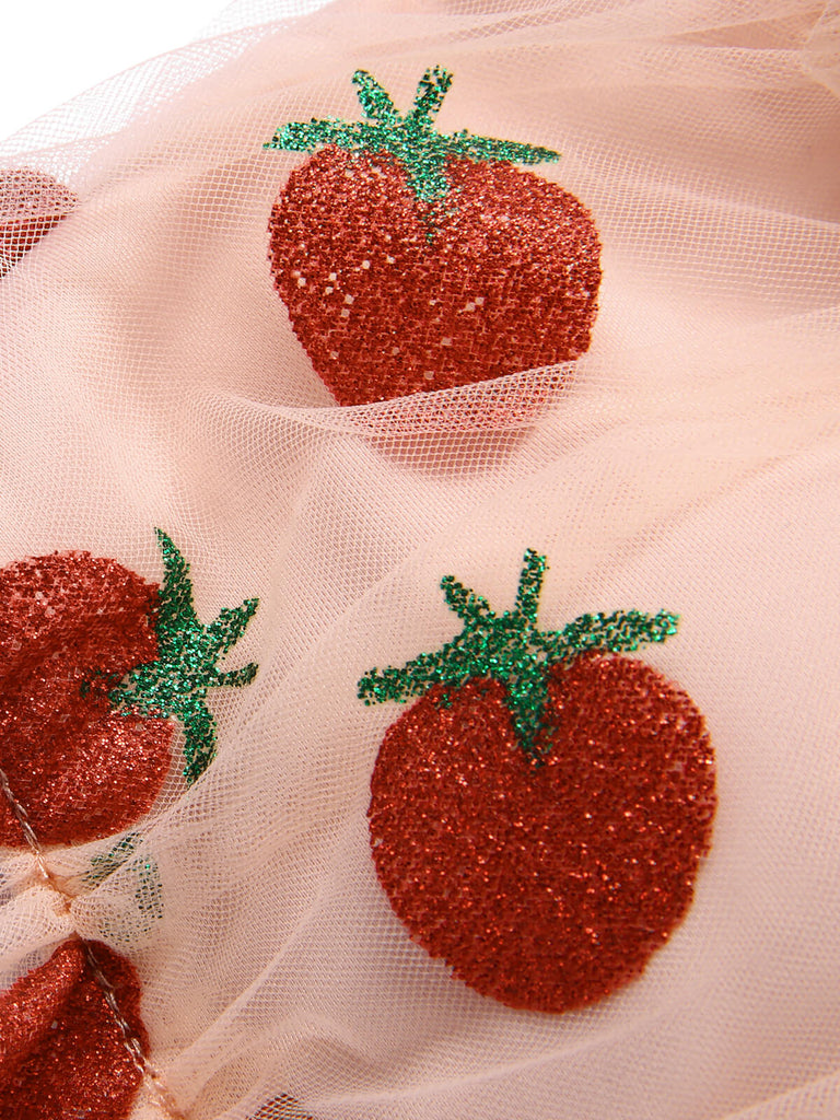 Costumi spalline in rete a forma di fragola rosso anni '40
